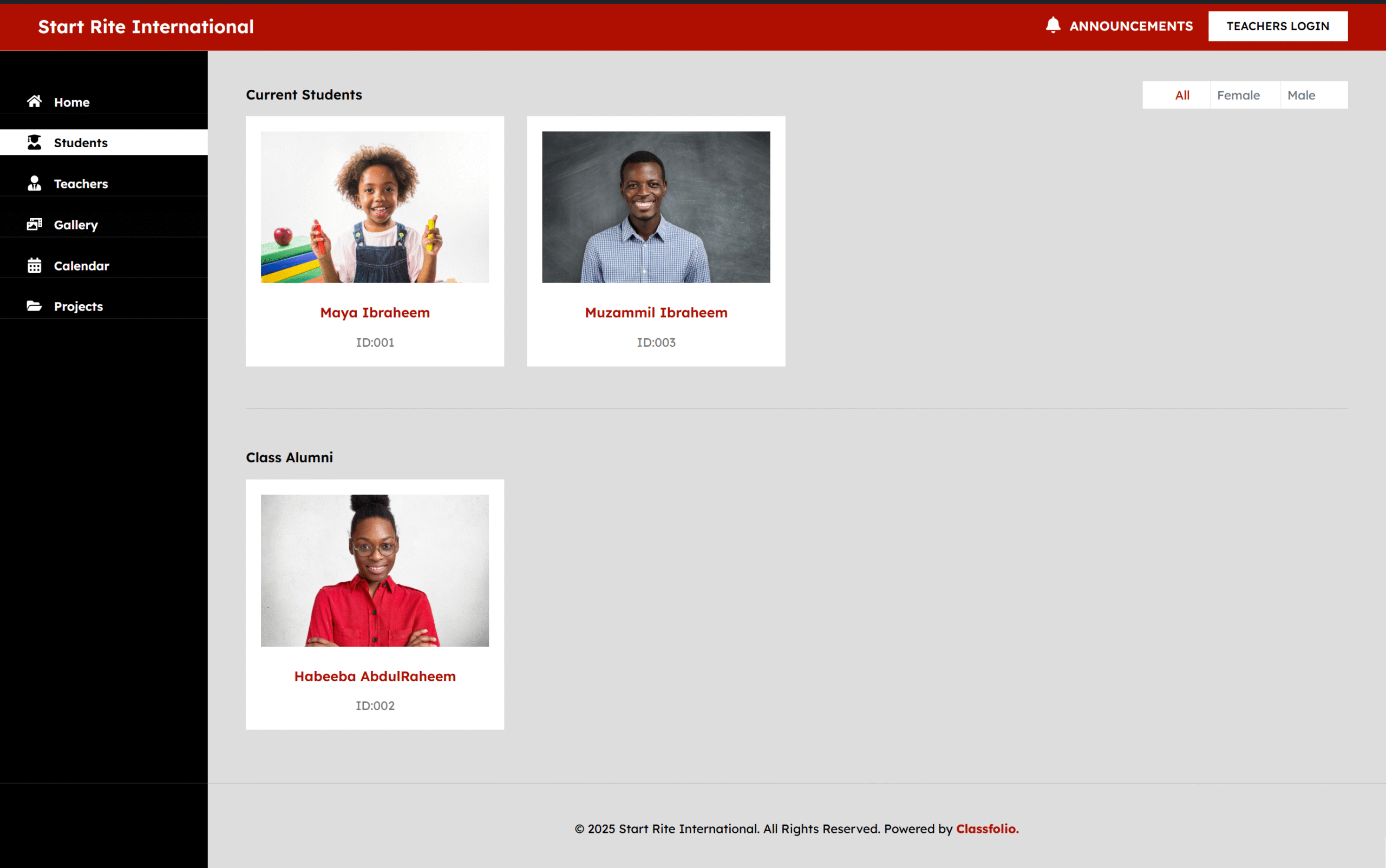 Classfolio demo students lineup