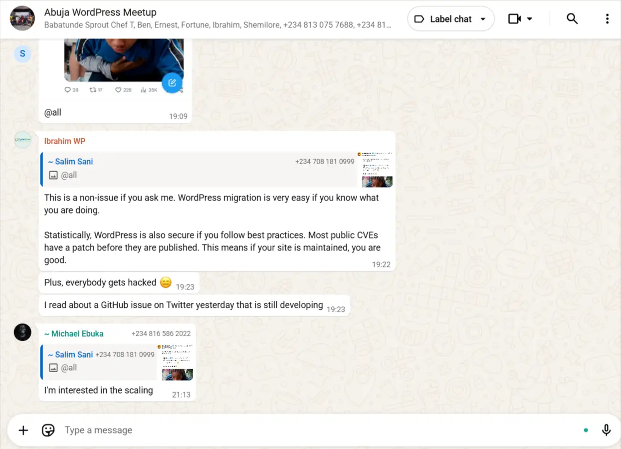 WhatsApp group chat screenshot from the Abuja WordPress Meetup community discussing WordPress security, migration, and scaling topics.
