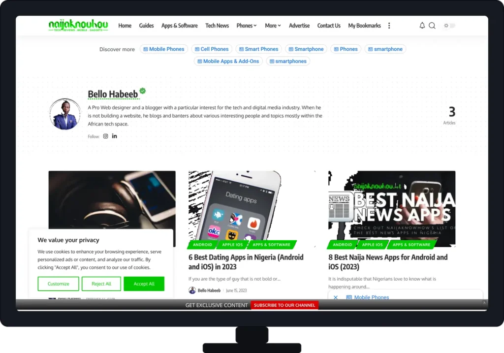 NaijaKnowHow author profile and tech blog page displayed inside a desktop monitor mockup with featured article previews and editorial interface.