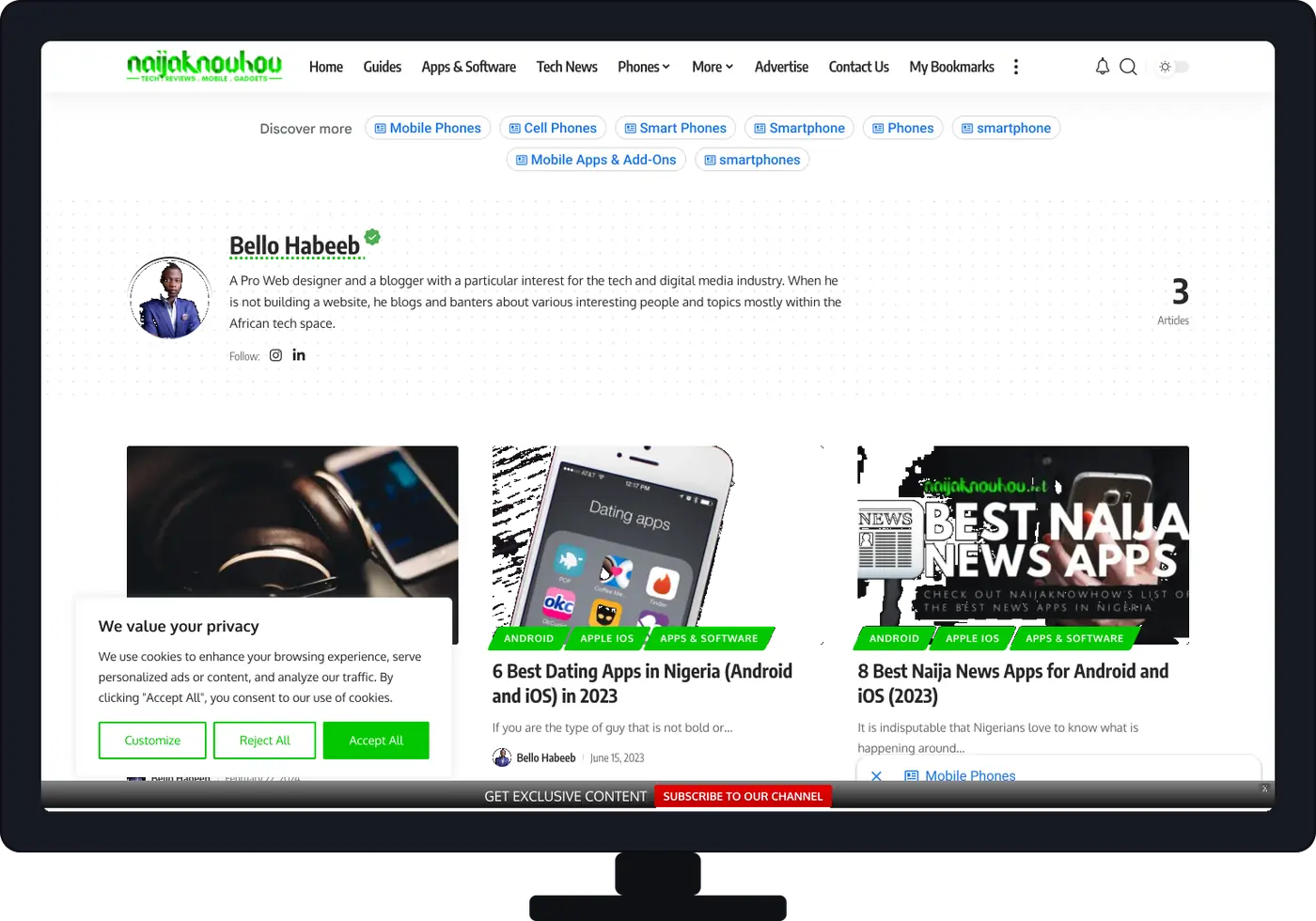 NaijaKnowHow author profile and tech blog page displayed inside a desktop monitor mockup with featured article previews and editorial interface.