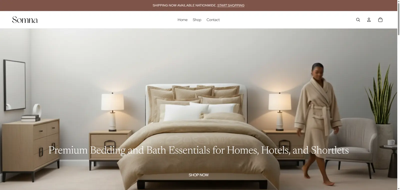 Somna Shopify store hero section featuring a modern bedroom setup with premium bedding, soft neutral tones, and luxury home essentials branding.