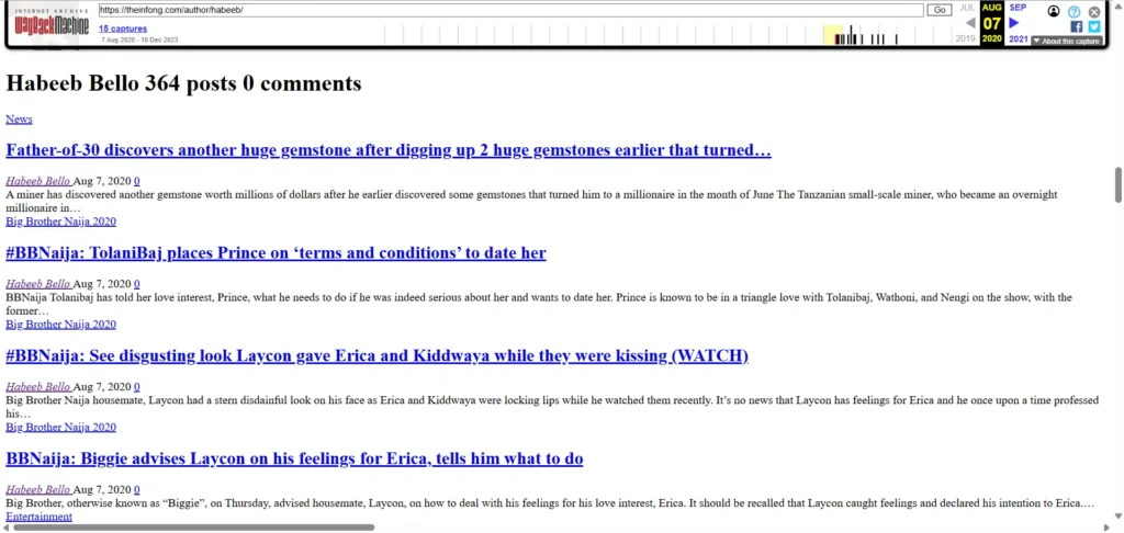 Wayback Machine screenshot showing archived entertainment news articles written by Habeeb Bello on TheInfoNG website.