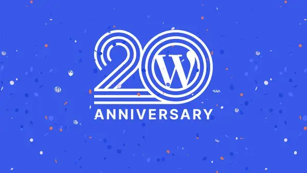 WordPress 20th anniversary celebration graphic with WordPress logo and confetti on a blue background.