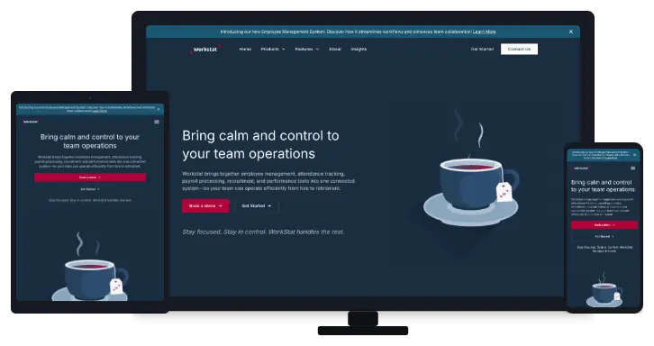 Workstat website homepage displayed across desktop, tablet, and mobile device mockups.